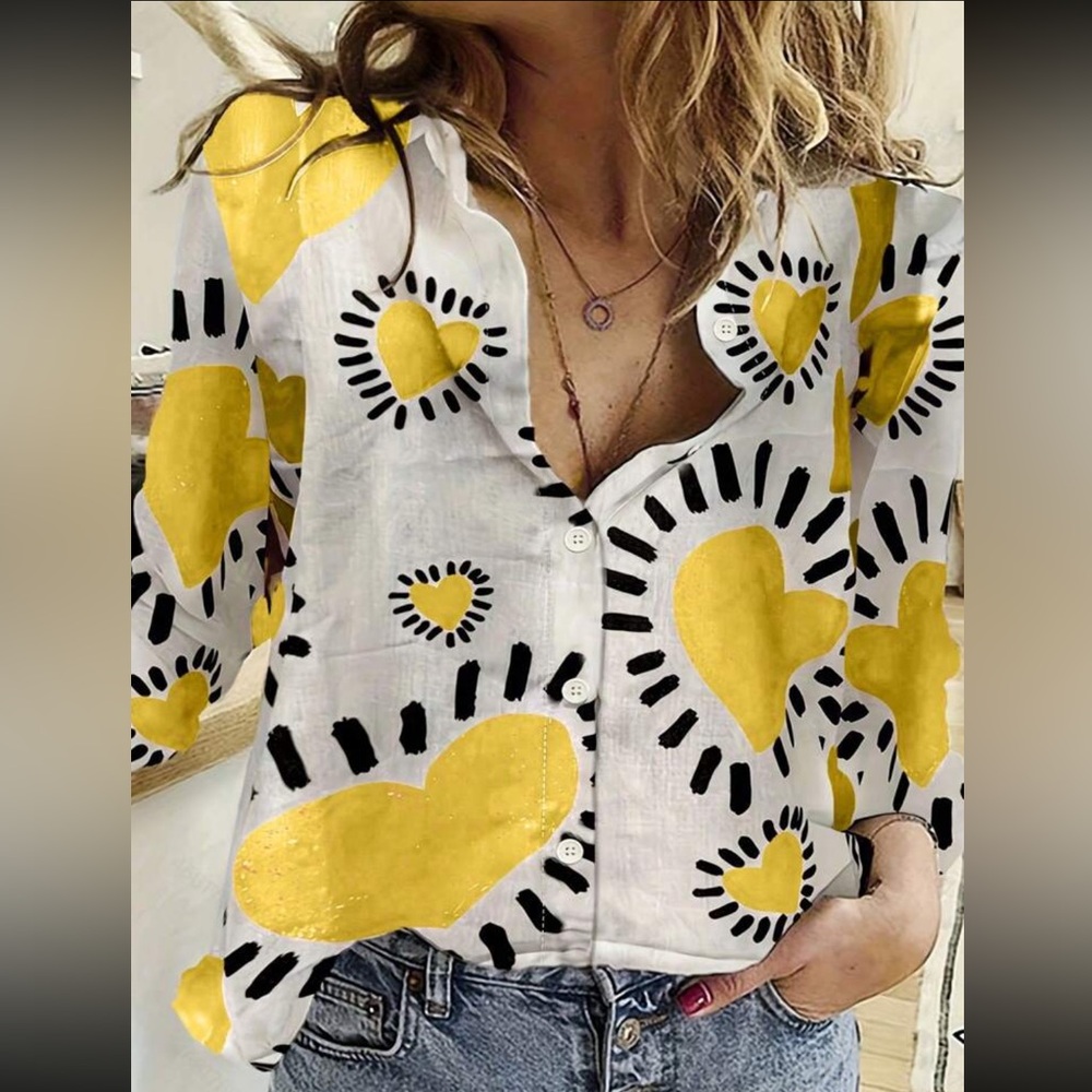 Boho Heart Print Button Down Up Shirt Top Blouse - Picture 1 of 11